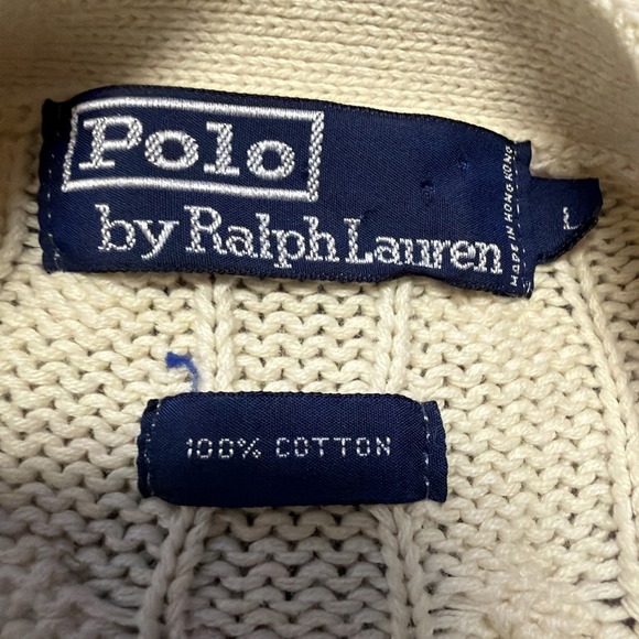 VTG 90s Polo Ralph Lauren Mens Large Cable Knit Cardigan V Neck Sweater Beige - Picture 5 of 7